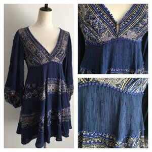FREE PEOPLE Blue MultiColor Mixed Fabric Applique Long Sleeve Boheme Dress